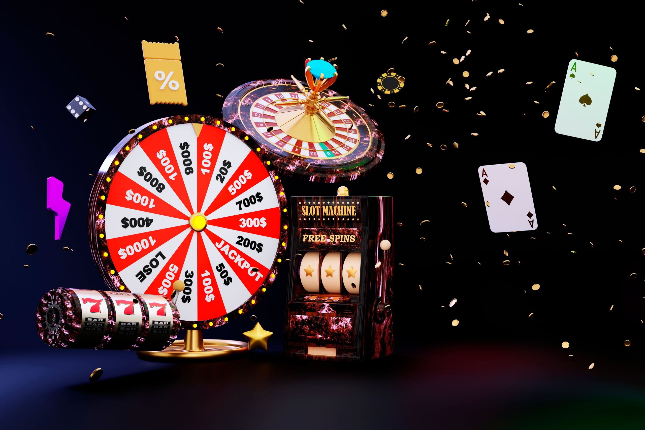 Online casino. 3D realistic roulette wheel and slot machine